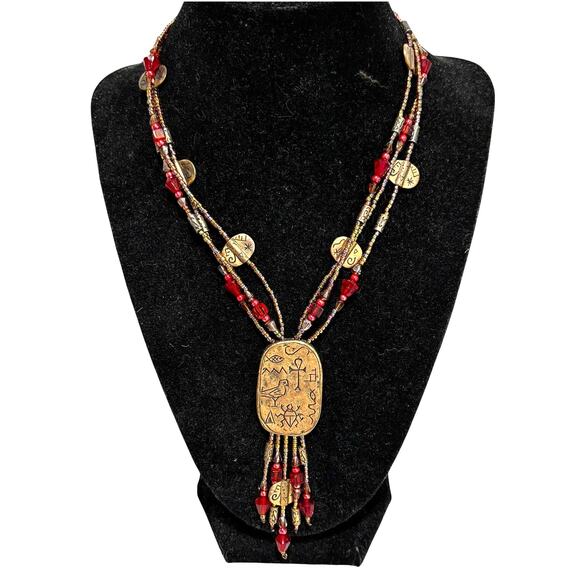 Chico’s unique beaded multistrand pendant necklace tassels red & goldtone - Picture 2 of 7